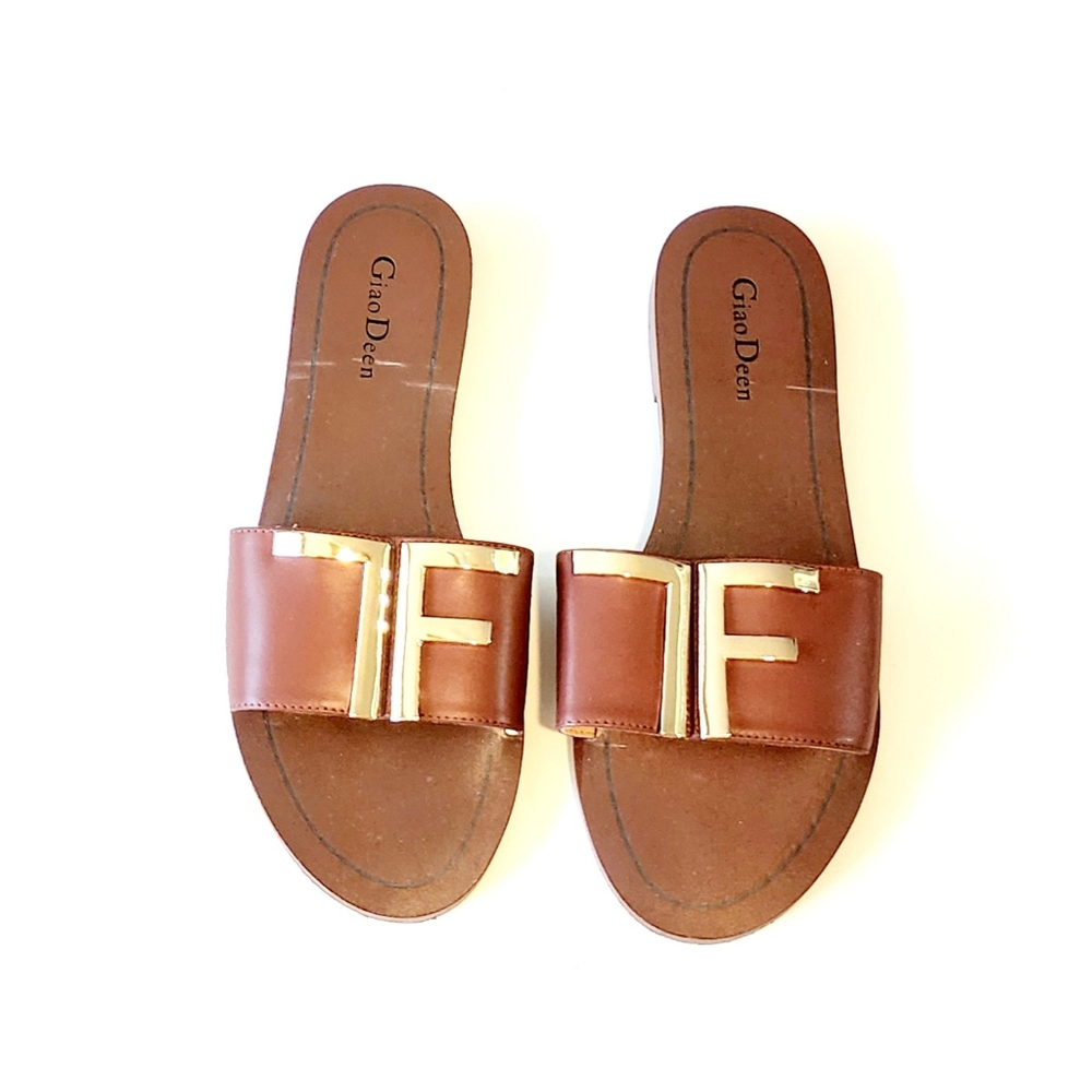Giao Deen Italian Leather Flat Slide On Sandals Genuine Leather